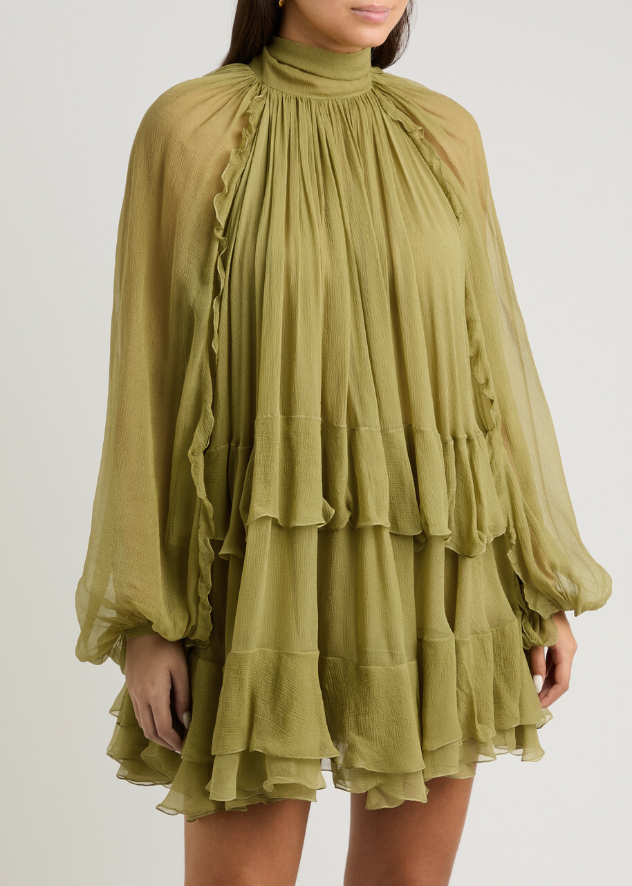 green emerald velvet dress Puff Sleeve Mini Dress with Mandarin Collar and Ruffle Details Apple Green / Medium