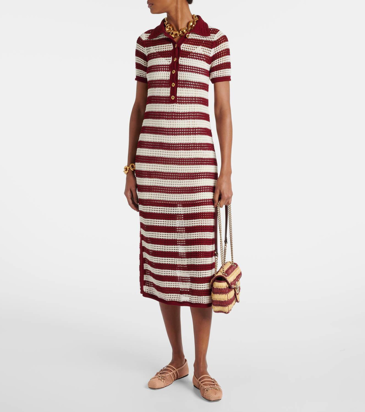 Gucci Open-knit striped silk polo dress