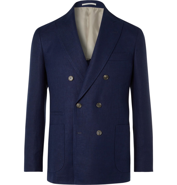 Photo: Brunello Cucinelli - Unstructured Double-Breasted Linen, Wool and Silk-Blend Blazer - Blue