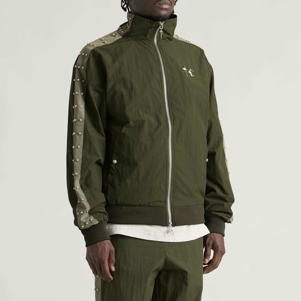 Thug Club Men's Triple Line Stud Track Jacket in Khaki