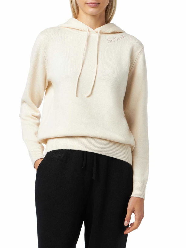 Photo: MC2 Saint Barth Woman Off White Knitted Hoodie With St. Barth Embroidery