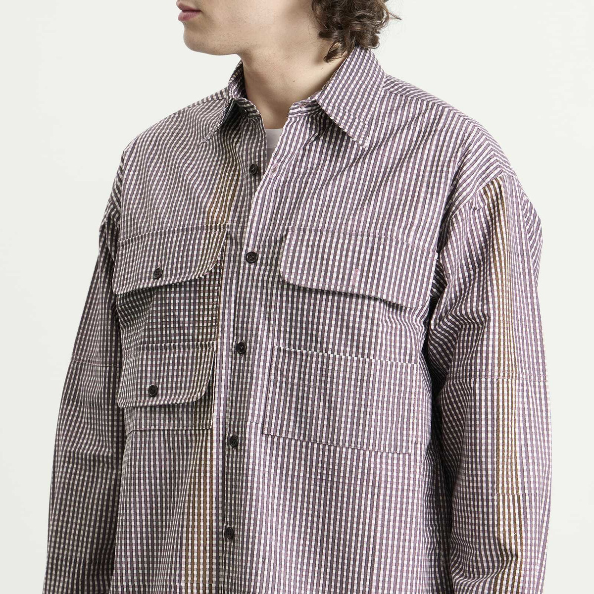Story mfg. Men's Hand Block Printed Harvest Shirt in Crispy Purple Gingham