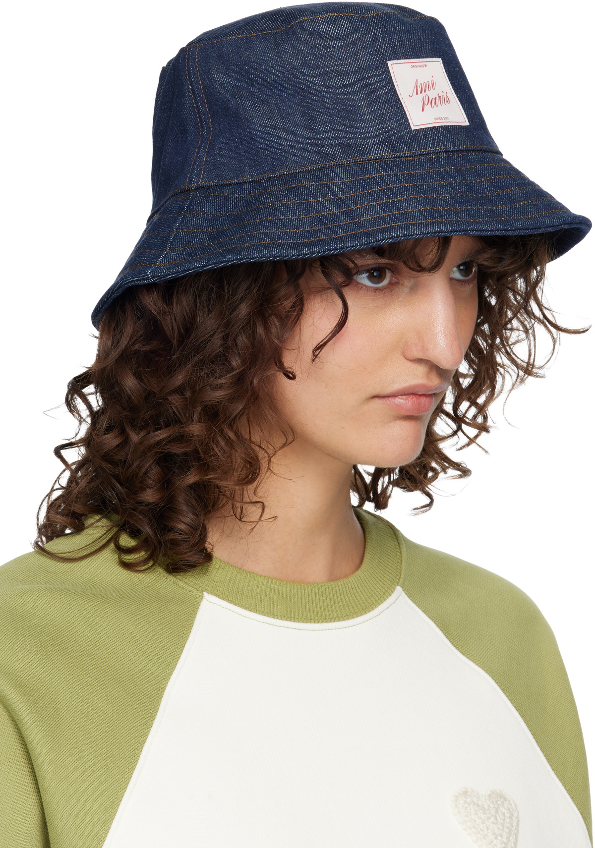 AMI Paris Navy Topstitchings Denim Bucket Hat