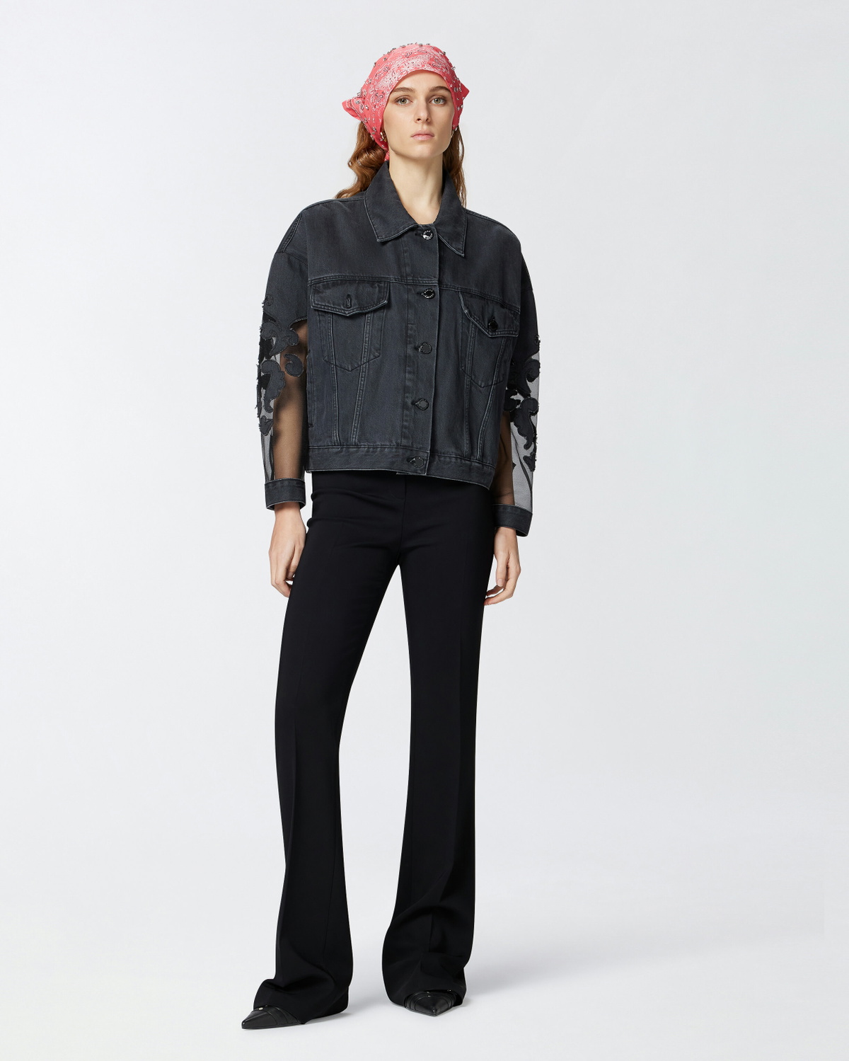 Pinko Black Denim Jacket With Organza Sleeves Limo Black