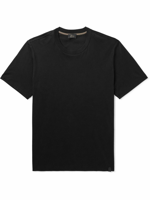 Photo: Brioni - Leather-Trimmed Cotton-Jersey T-Shirt - Black