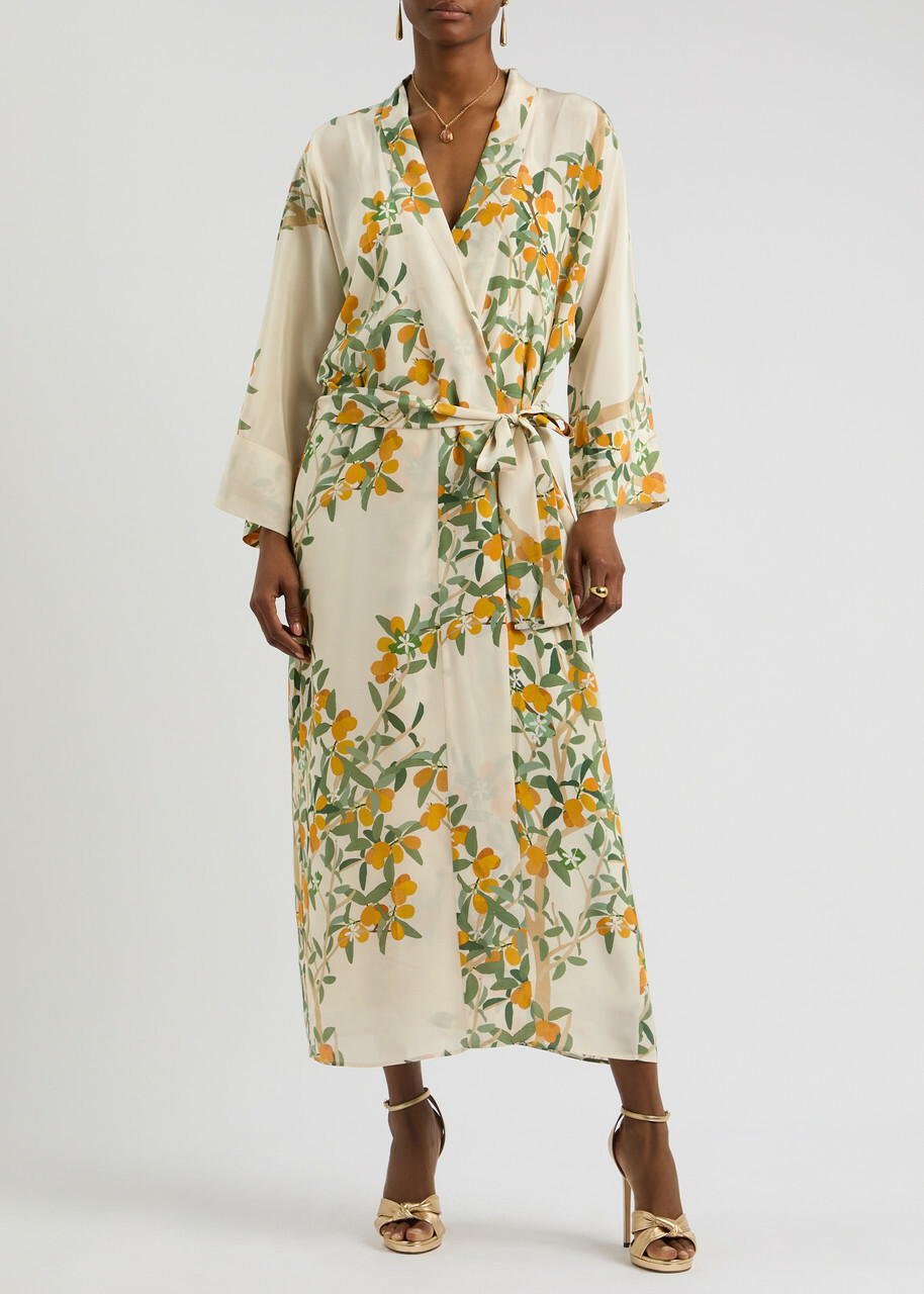 Bernadette Peignoir Printed Silk Wrap Dress Cream