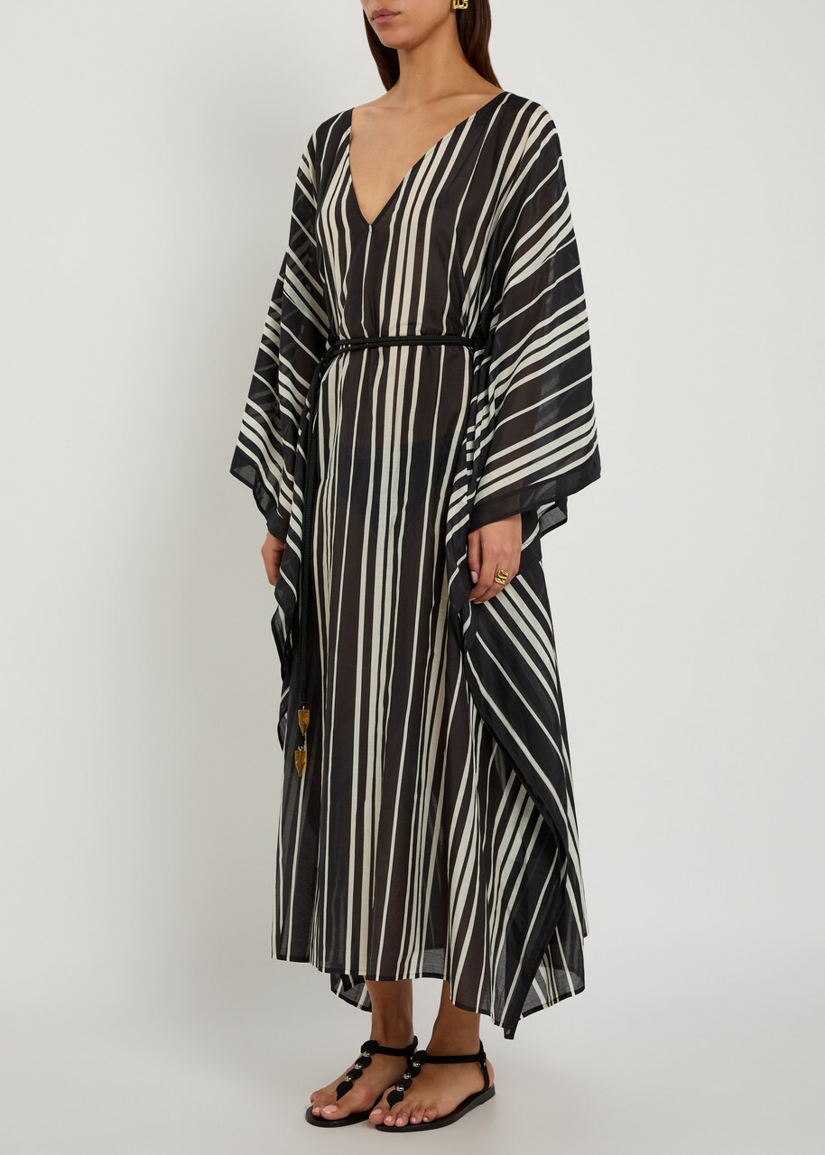 Tory Burch Striped Belted Cotton-blend Kaftan Dress Black
