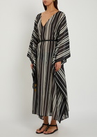 Tory Burch Striped Belted Cotton-blend Kaftan Dress Black