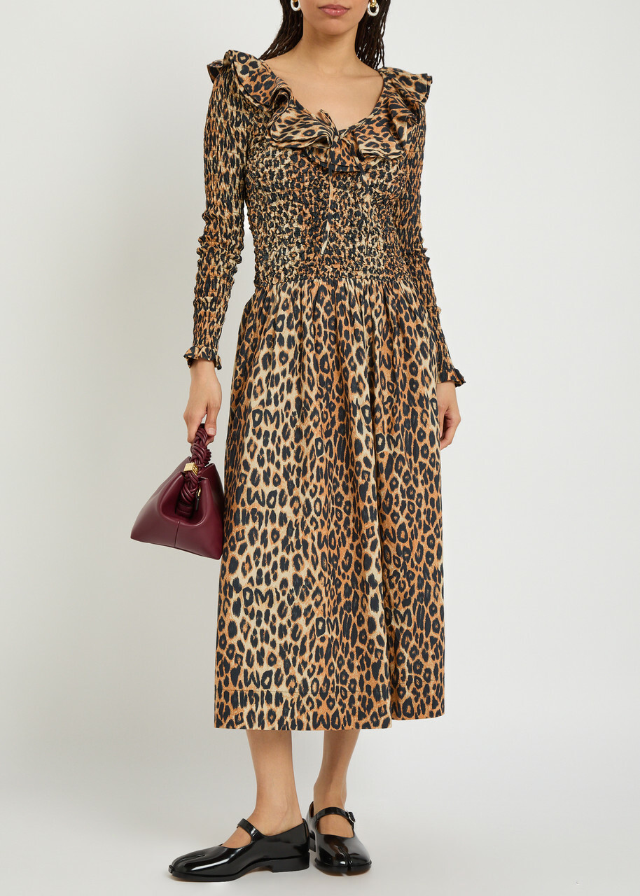 Damson Madder Harper Leopard Shirred Cotton-poplin Midi Dress