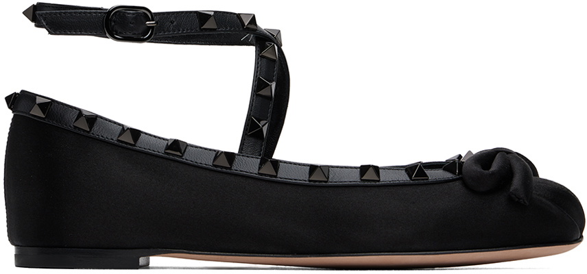 Valentino Garavani Black Rockstud Satin Ballerina Flats