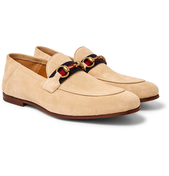 Photo: Gucci - Brixton Horsebit Webbing-Trimmed Collapsible-Heel Suede Loafers - Neutrals