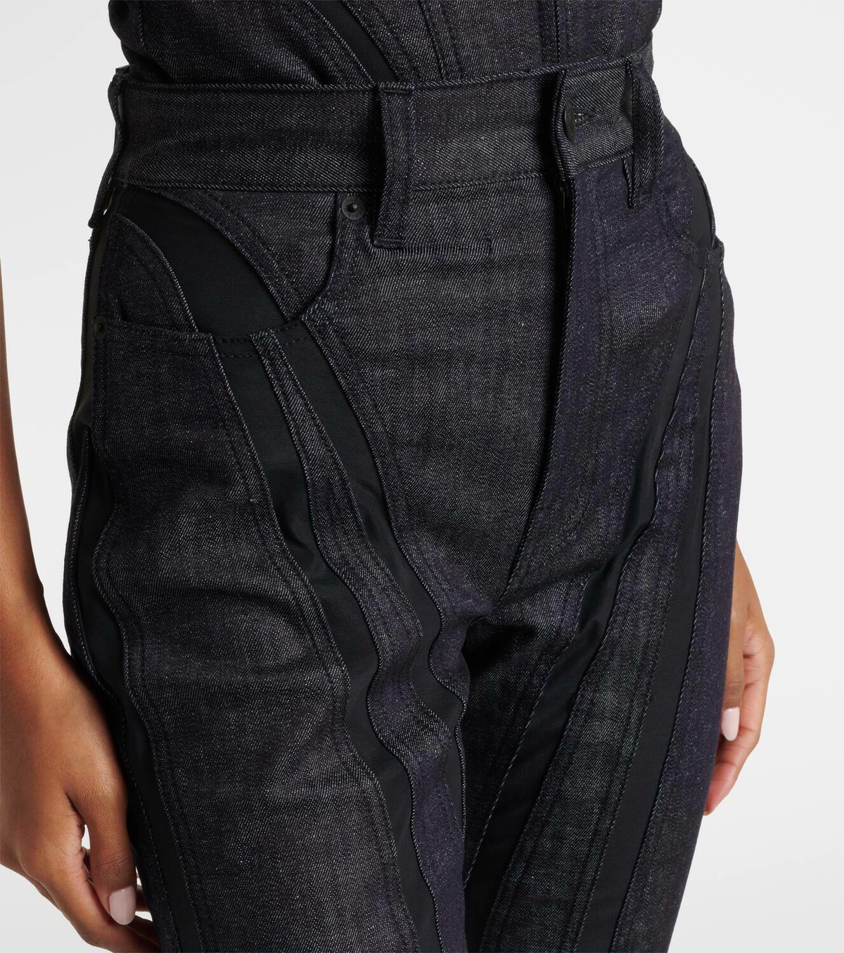 Mugler Mesh-trimmed denim capri pants