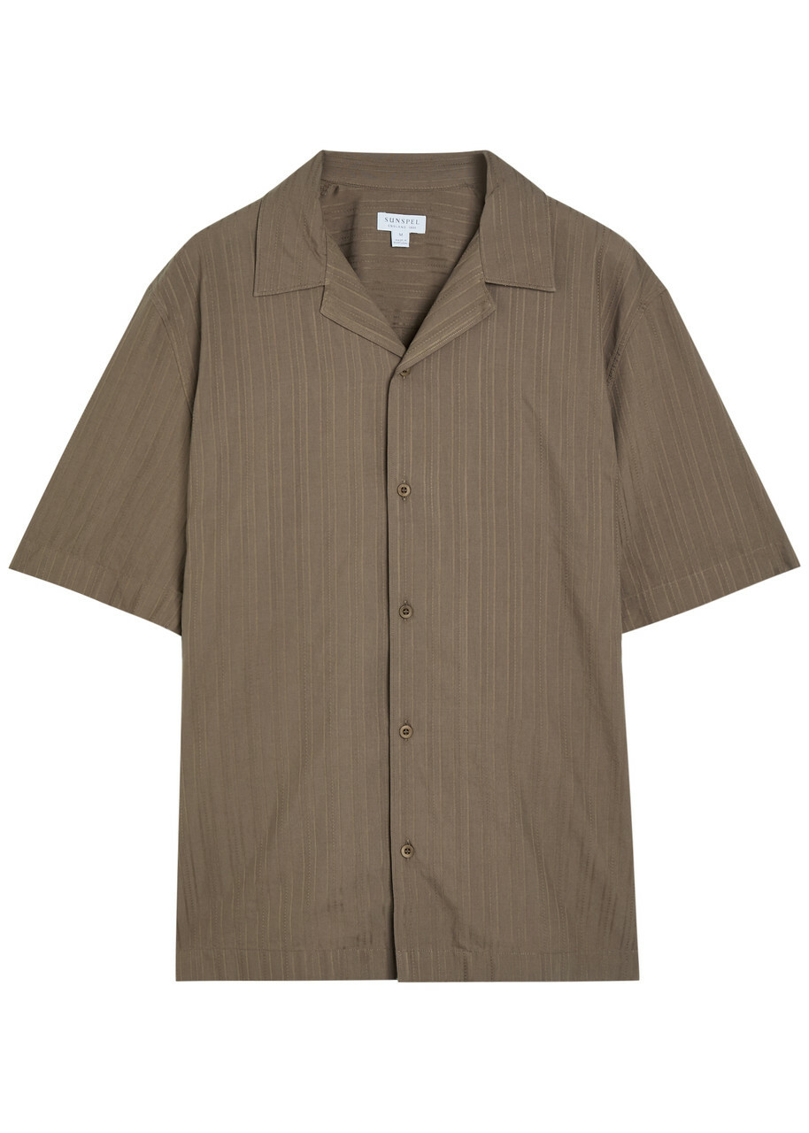 Sunspel Striped Embroidered Cotton Shirt Brown