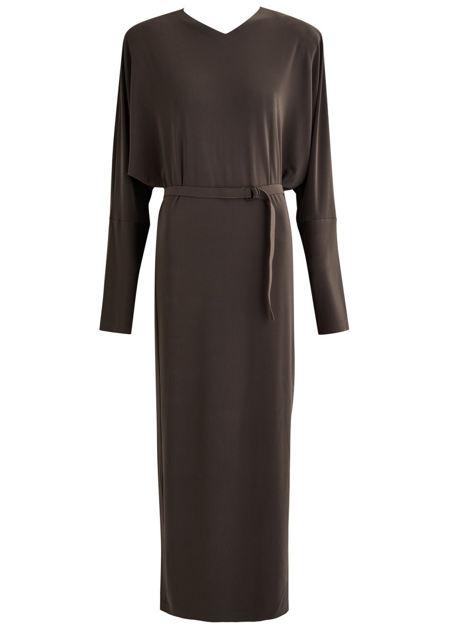 Norma Kamali Belted Stretch-jersey Maxi Dress Dark Brown