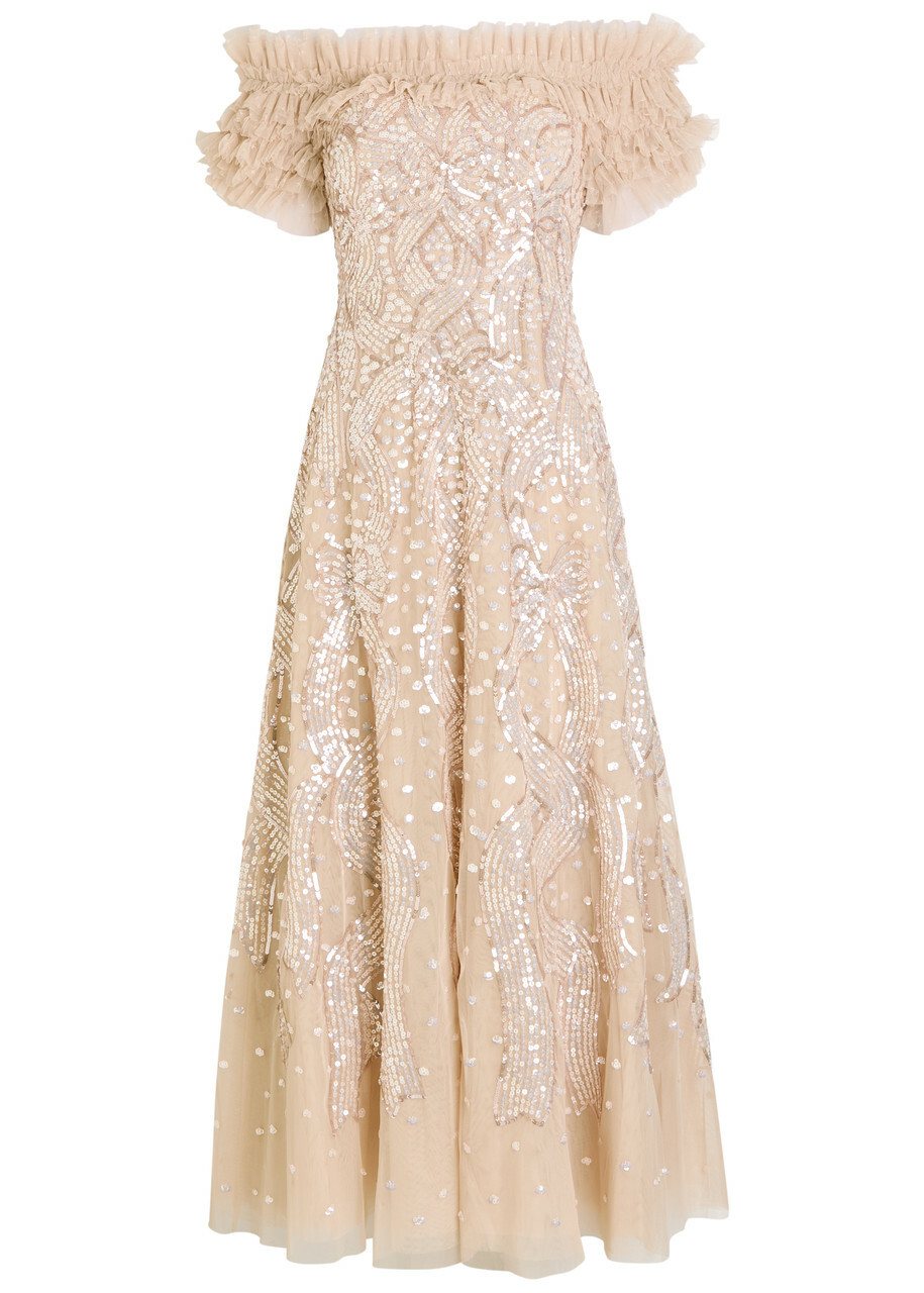 Needle & Thread Off-the-shoulder Sequin-embellished Tulle Gown Light Pink
