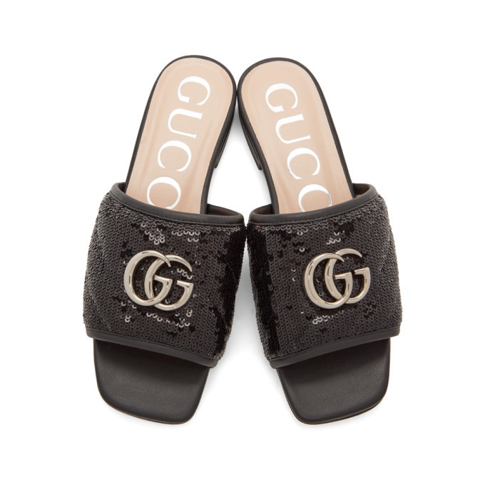 累積売上総額第1位【GUCCI★グッチ】SEQUIN SLIDE SANDAL Gucci Black Sequin GG Slides Gucci