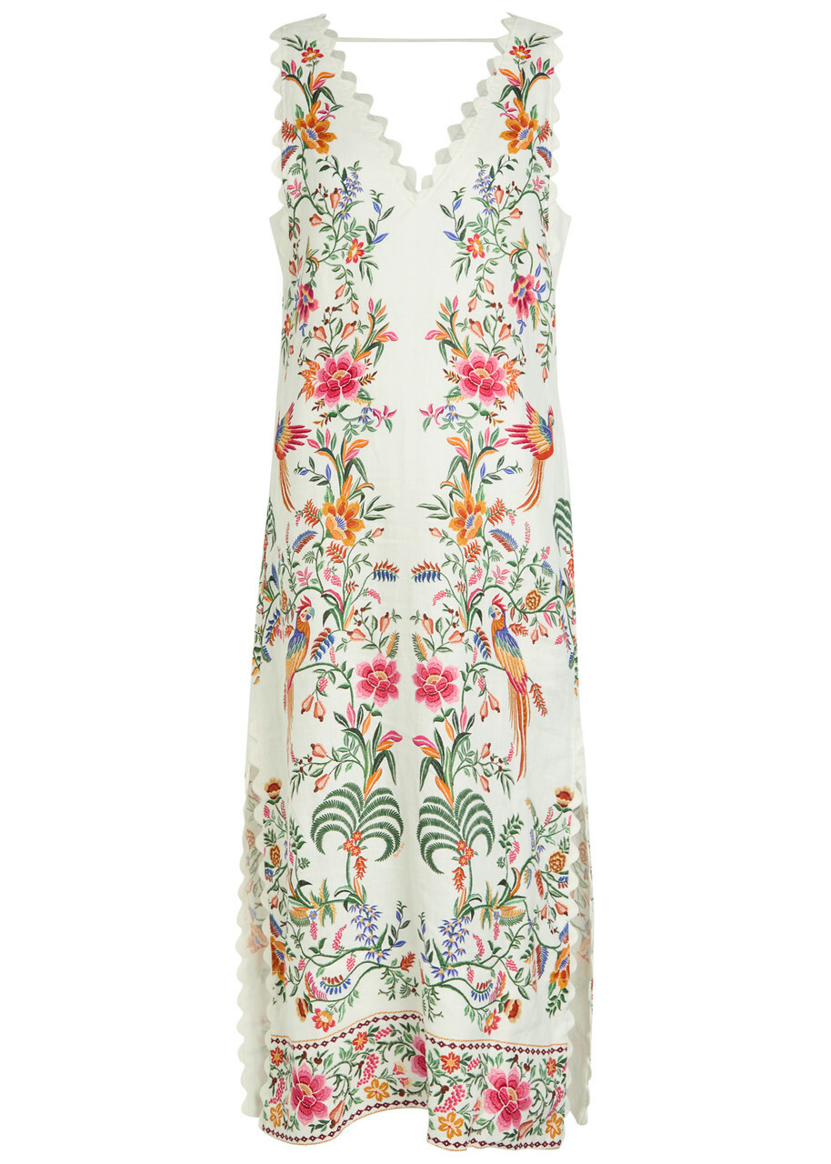Farm Rio Delicate Forest Printed Linen Maxi Dress White