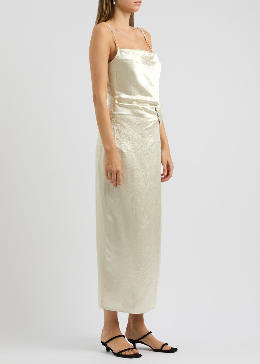 Nanushka Briar Crinkled Satin Midi Slip Dress Ecru