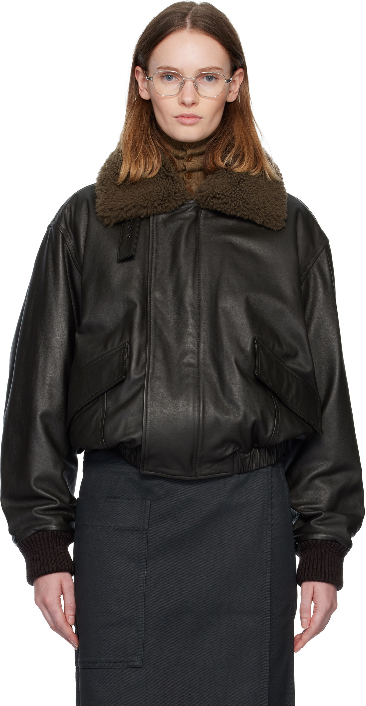 LEMAIRE Brown Shearling Collar Blouson Leather Jacket