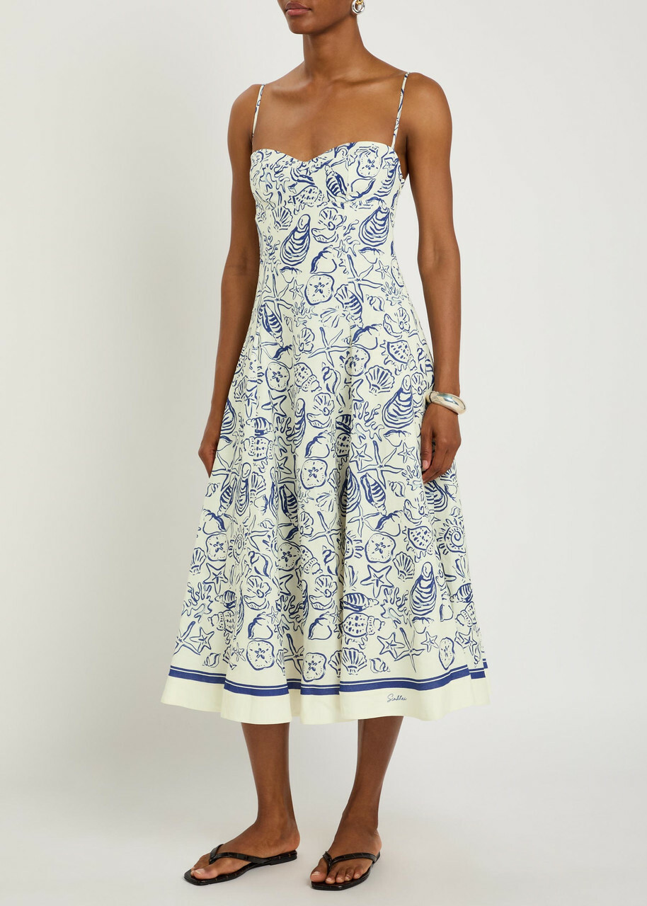 Simkhai Analise Printed Linen-blend Midi Dress Blue