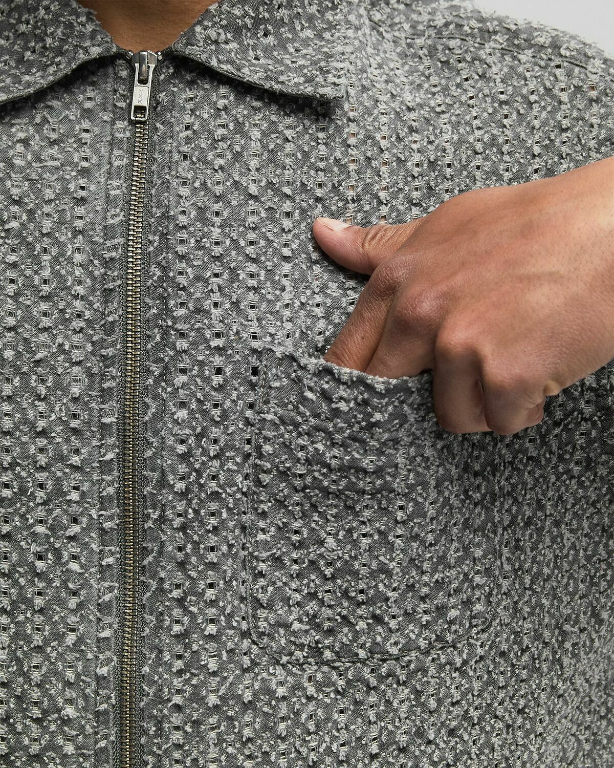 Thisisneverthat Damaged Denim Zip S/S Shirt Grey Mens Shortsleefe