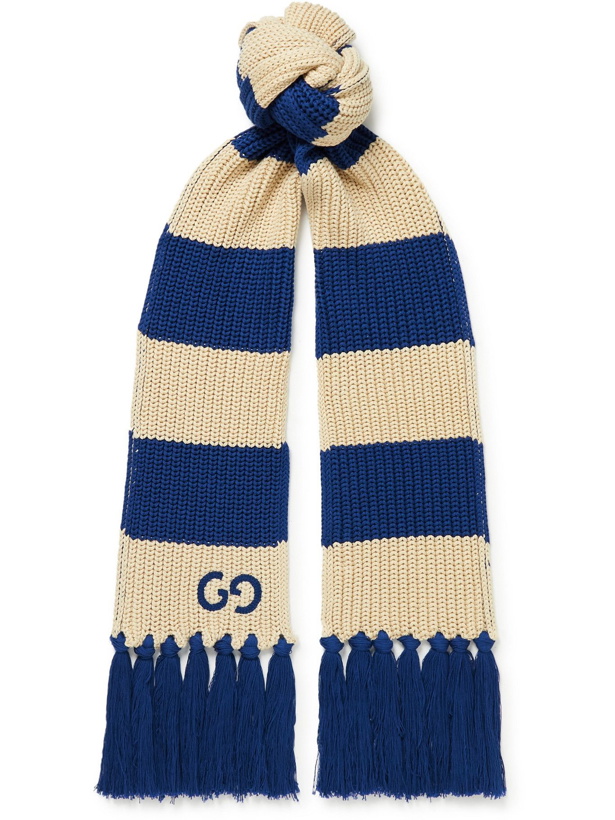 Photo: Gucci - Fringed Striped Logo-Embroidered Ribbed Cotton Scarf