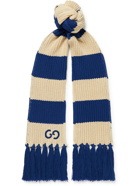 Gucci - Fringed Striped Logo-Embroidered Ribbed Cotton Scarf