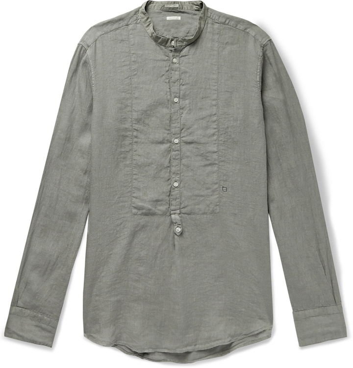 Photo: Massimo Alba - Kos Garment-Dyed Grandad-Collar Poplin-Trimmed Linen Half-Placket Shirt - Gray