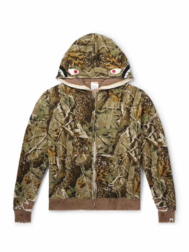 Photo: SAINT MXXXXXX - BAPE Shark Camouflage-Print Cotton-Jersey Zip-Up Hoodie - Green