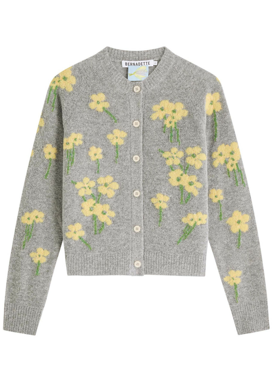 Bernadette Nonna Floral-intarsia Wool-blend Cardigan Grey