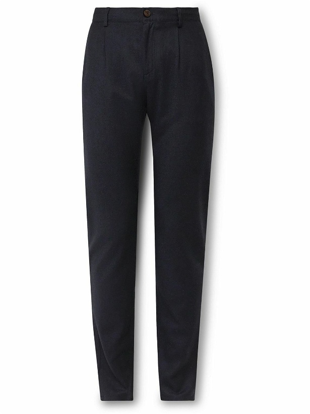 Photo: Canali - Slim-Fit Pleated Wool-Flannel Trousers - Blue