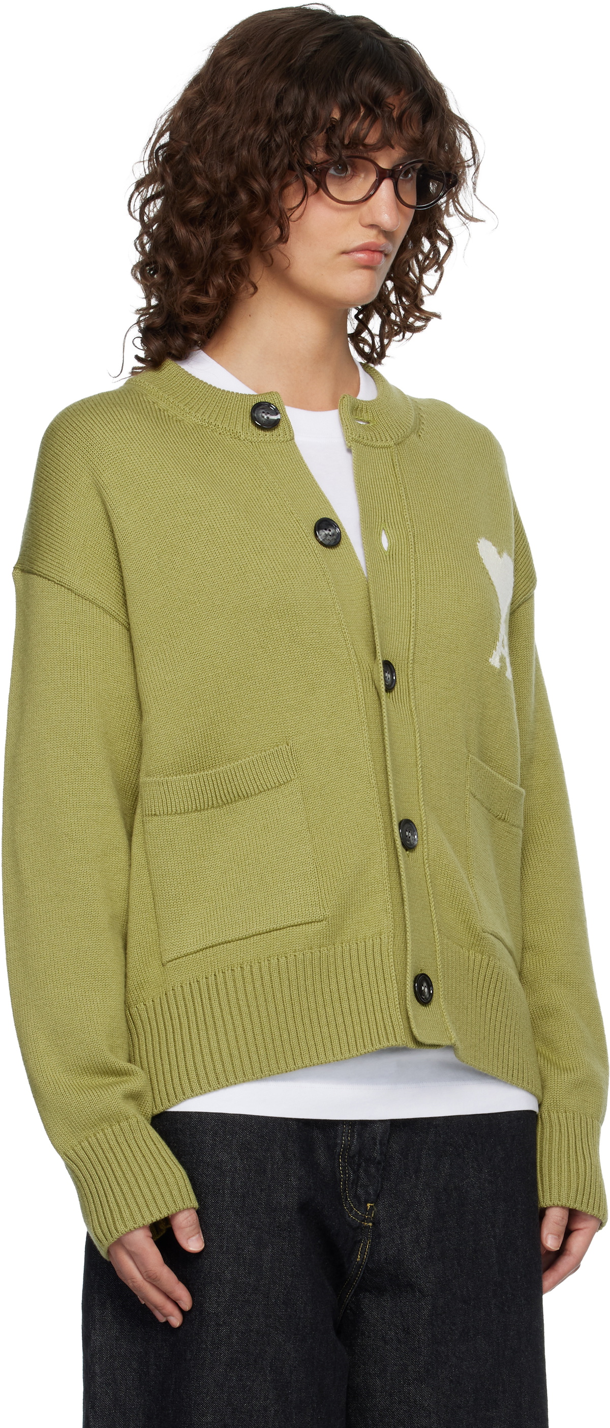 AMI Paris Green Wool Crewneck Ami de Coeur Cardigan