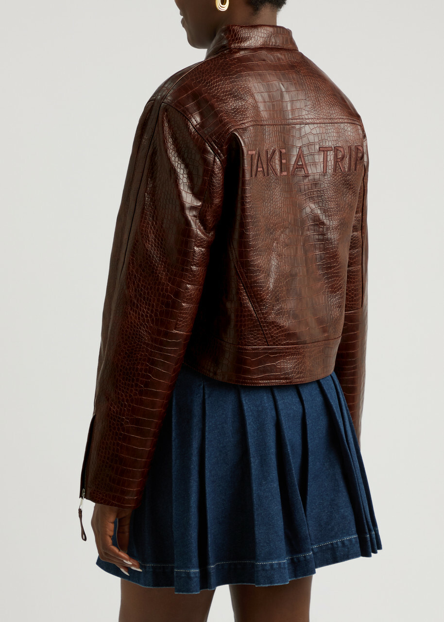 House OF Sunny Take A Trip Crocodile-effect Faux Leather Jacket Chocolate