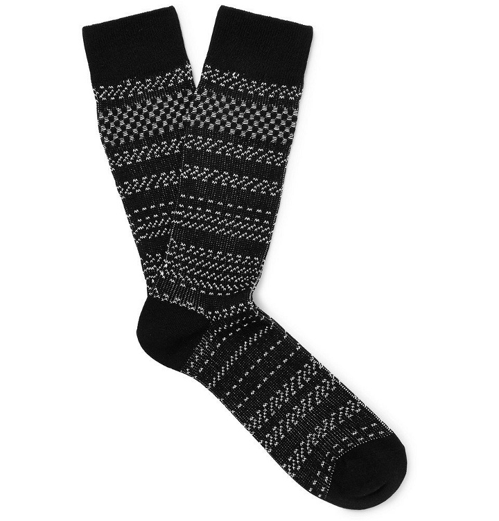 Photo: N/A - Striped Birdseye Stretch Cotton-Blend Socks - Black