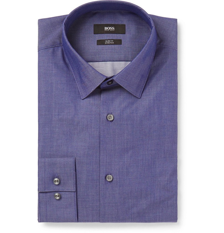 Photo: Hugo Boss - Blue Isko Slim-Fit Stretch-Cotton Chambray Shirt - Men - Blue