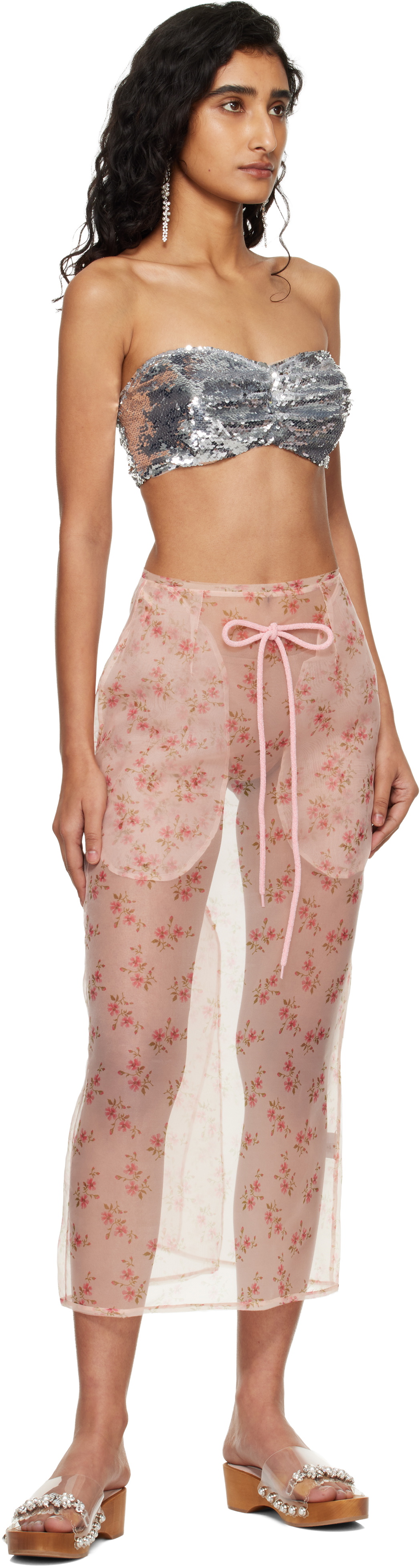 Simone Rocha Pink Sheer Frayed Column Pencil Midi Skirt