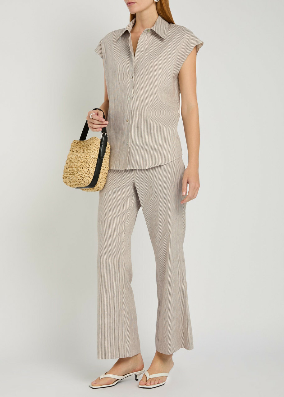 Vince Ticking Striped Flared-leg Linen and Cotton-blend Trousers Taupe