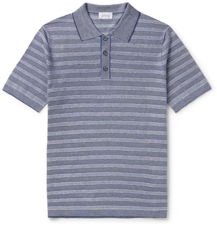 Photo: Brioni - Slim-Fit Striped Knitted Linen and Silk-Blend Polo Shirt - Blue