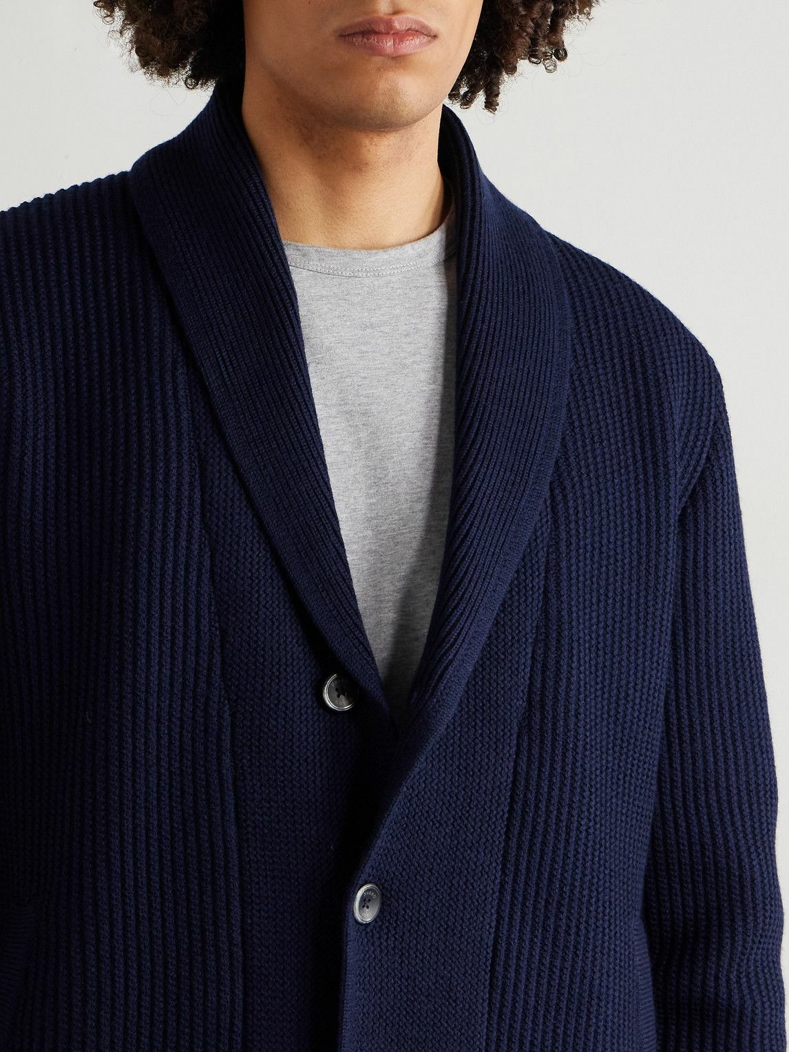 Herno - Layered Shawl-Collar Ribbed Wool and Stretch-Nylon Hooded Jacket - Blue