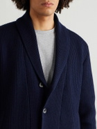 Herno - Layered Shawl-Collar Ribbed Wool and Stretch-Nylon Hooded Jacket - Blue