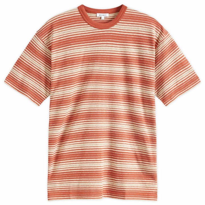 Photo: Norse Projects Men's Johannes Spaced Stripe T-Shirt in Red Ochre