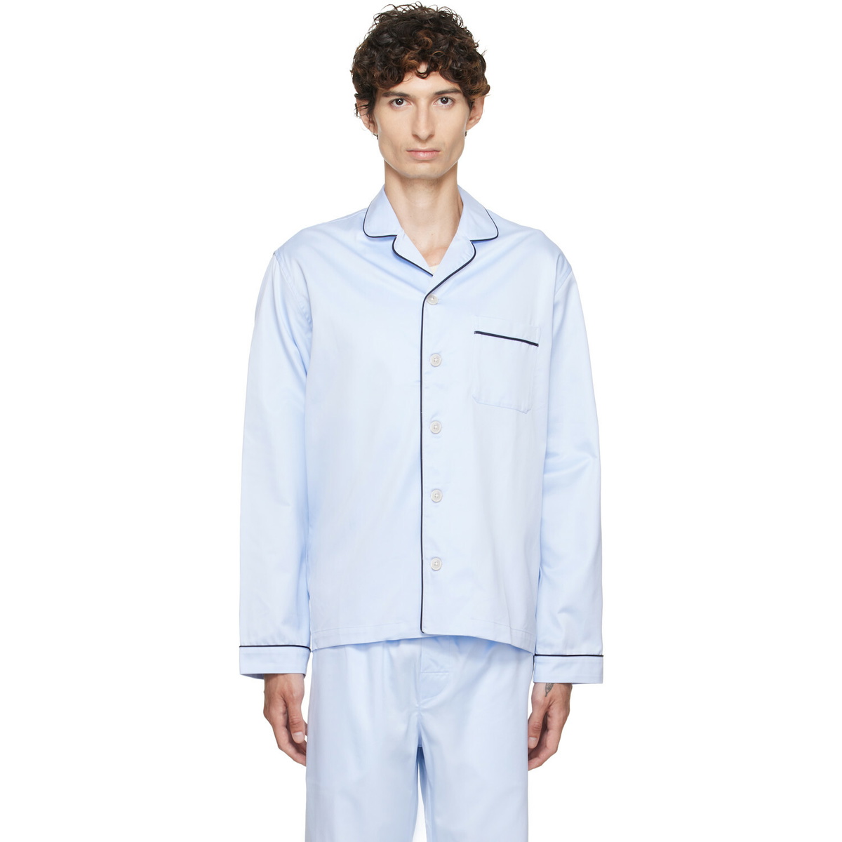 Tekla Blue Sateen Long-Sleeved Pyjama Shirt