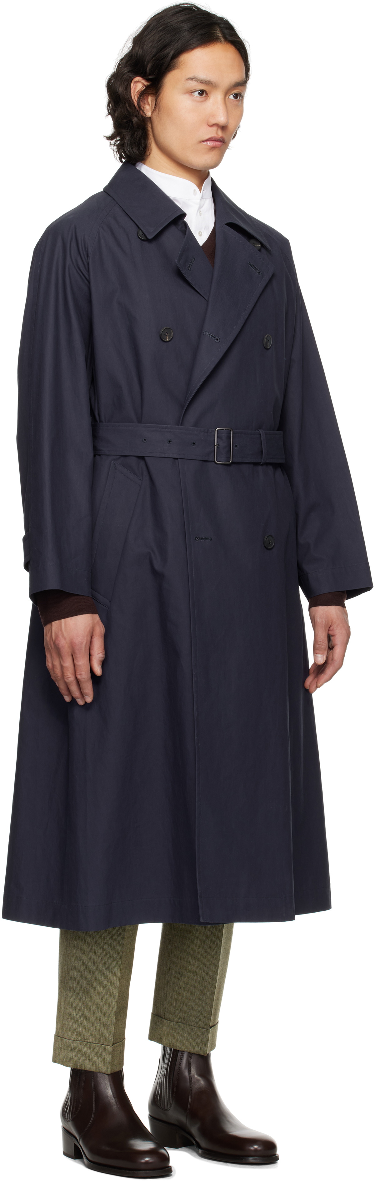 YLÈVE Navy Highdensity Cotton Broad Liner Trench Coat