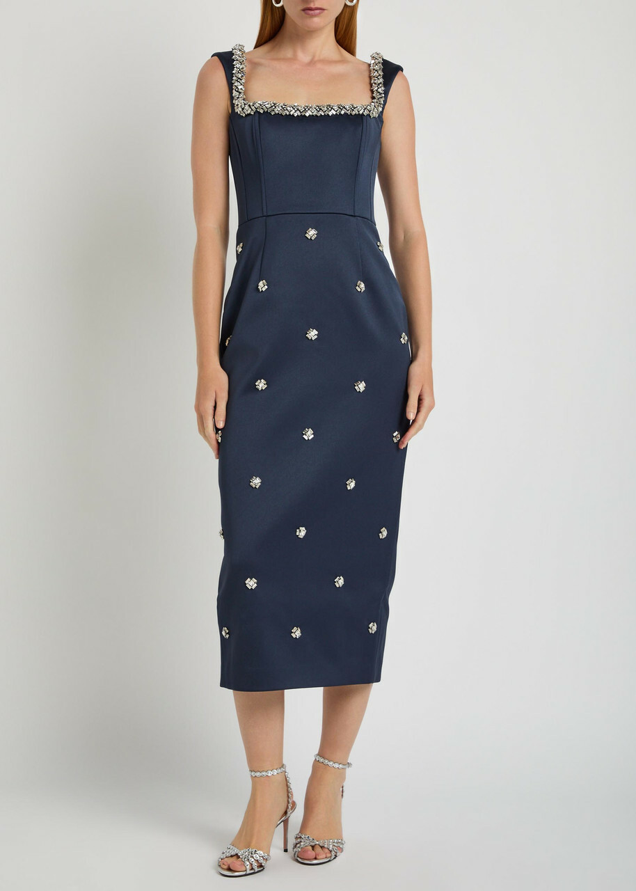 Rebecca Vallance Ayla Crystal-embellished Satin-crepe Midi Dress Navy