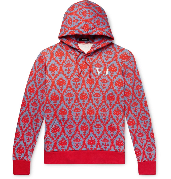 Photo: Undercover - Valentino Logo-Embroidered Printed Loopback Cotton-Jersey Hoodie - Red