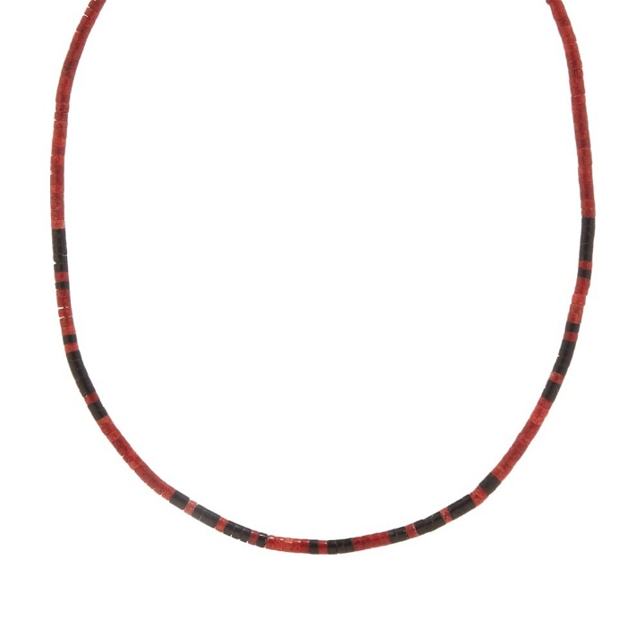 Photo: Mikia Men's Heishi Beaded Necklace in Coral/Jet