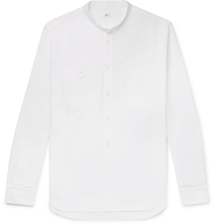 Photo: Mr P. - Grandad-Collar Cotton Oxford Shirt - White