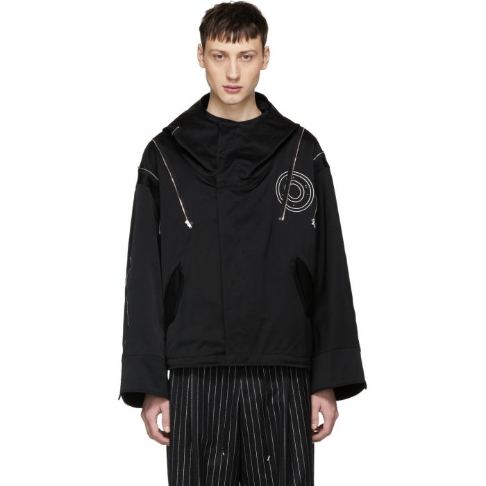 Photo: ALMOSTBLACK Black Zip and Button Hooded Jacket
