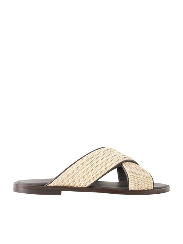 Photo: Manolo Blahnik - Otawi Woven Raffia and Leather Sandals - Neutrals