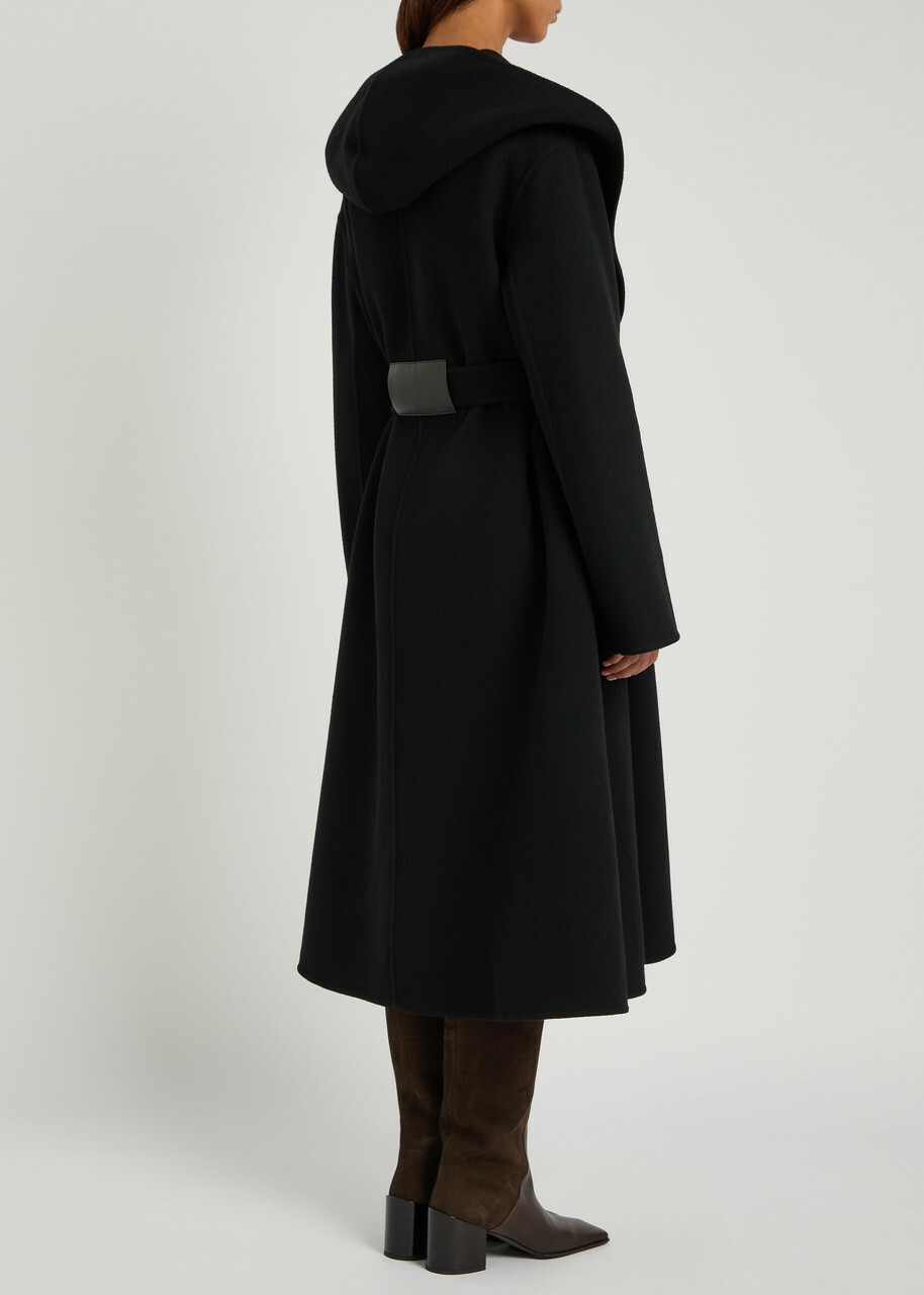 Alaïa Belted Hooded Wool Wrap Coat Black